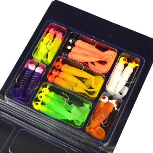 34pcs Metal Jig Head Fishing Hooks Set 17pcs Jigging Heads Hook   17pcs Soft Worm Lure Grub Silicone Fish Artificial Bait Tackle